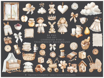 Rustic Atelier - Clipart Set, Cottagecore Plush Toys, French Country Nursery, Neutral Baby | 84 PNG