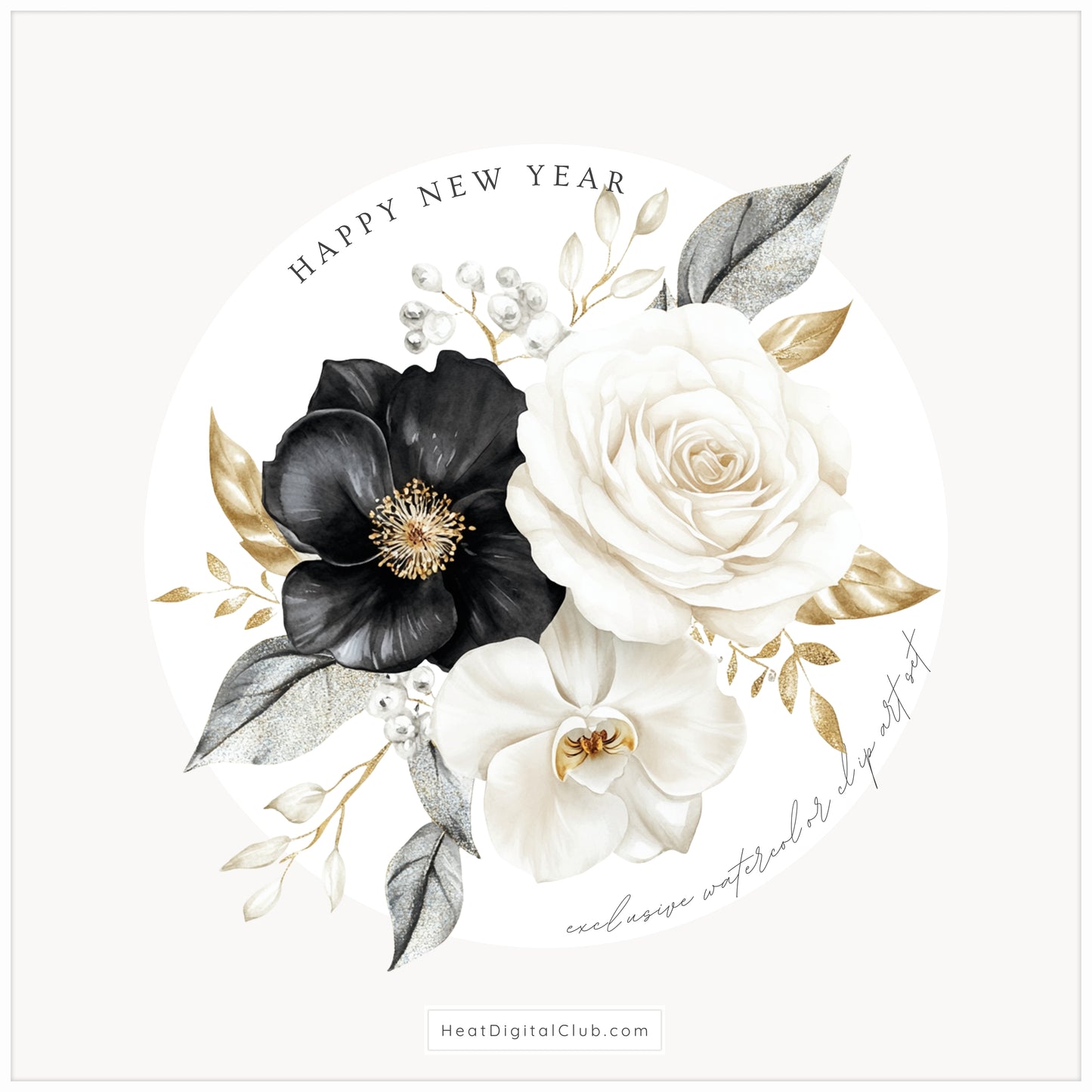 Happy New Year - Floral Arrangements Clipart, Black White Gold, Holiday Bouquet | 20 PNG