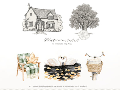 Beloved Fall - Autumn Clipart, Cozy Fall Elements, Pumpkin Clipart, Cottage Fall | 60 PNG