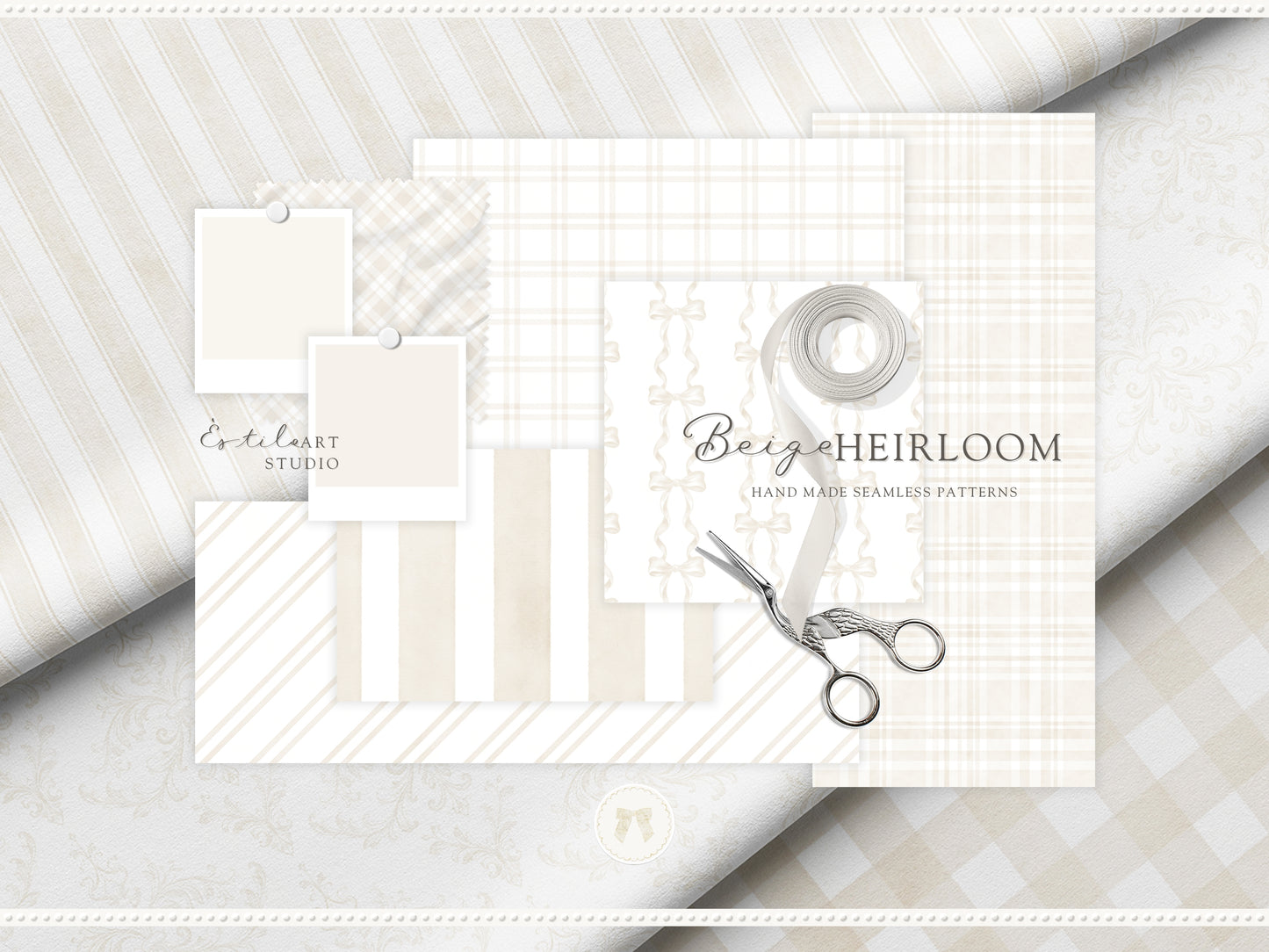 Beige Heirloom - Seamless Patterns, Classic Stripe Gingham Damask Bows, Elegant Neutral Digital Paper | 20 JPEG