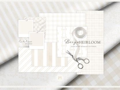 Beige Heirloom - Seamless Patterns, Classic Stripe Gingham Damask Bows, Elegant Neutral Digital Paper | 20 JPEG