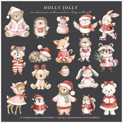 Holly Jolly - Christmas Clipart, Cute Holiday Baby Animals, Kids Holiday | 60 PNG