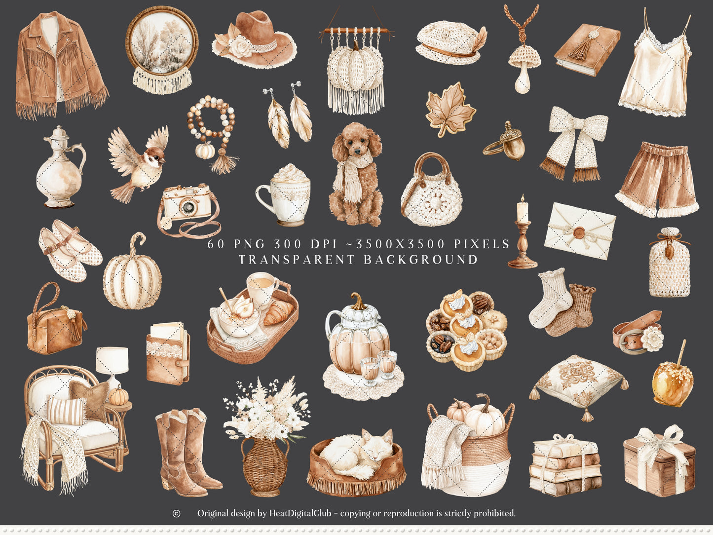 Bohemian Fall - Boho Autumn Clipart, Western Fall Graphics, Pumpkin, Cottage Fall | 60 PNG