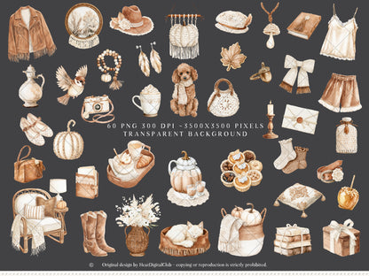 Bohemian Fall - Boho Autumn Clipart, Western Fall Graphics, Pumpkin, Cottage Fall | 60 PNG