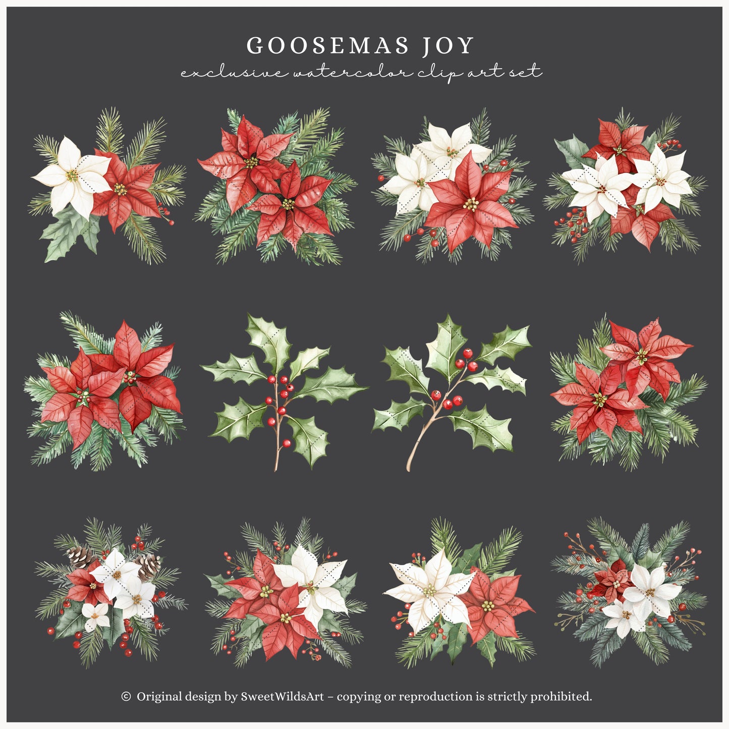 Goosemas Joy - Floral Arrangements, Christmas Ornaments, Holiday Poinsettia | 30 PNG