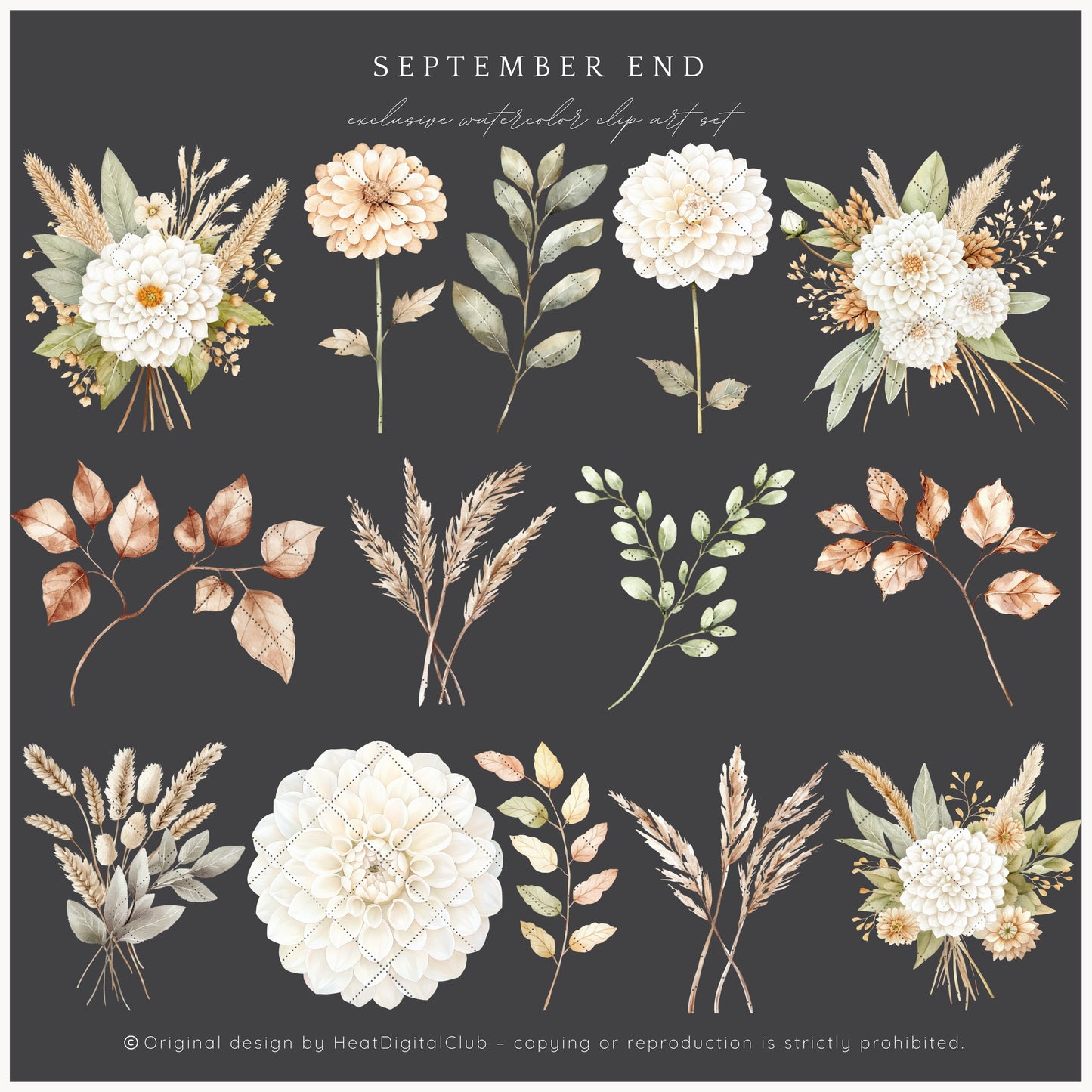 September End - Floral Arrangements Clipart, Dahlias, Sage, Pumpkins | 25 PNG