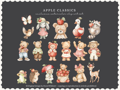 Apple Classics - Nursery Clipart, Cute Animals Clipart, Apple Orchard Kids, Fall Baby | 60 PNG