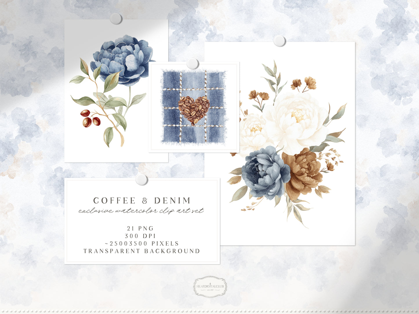 Coffee & Denim - Floral Arrangements Clipart, Blue Ivory Flowers, Coffee Aesthetic,  Botanical | 21 PNG