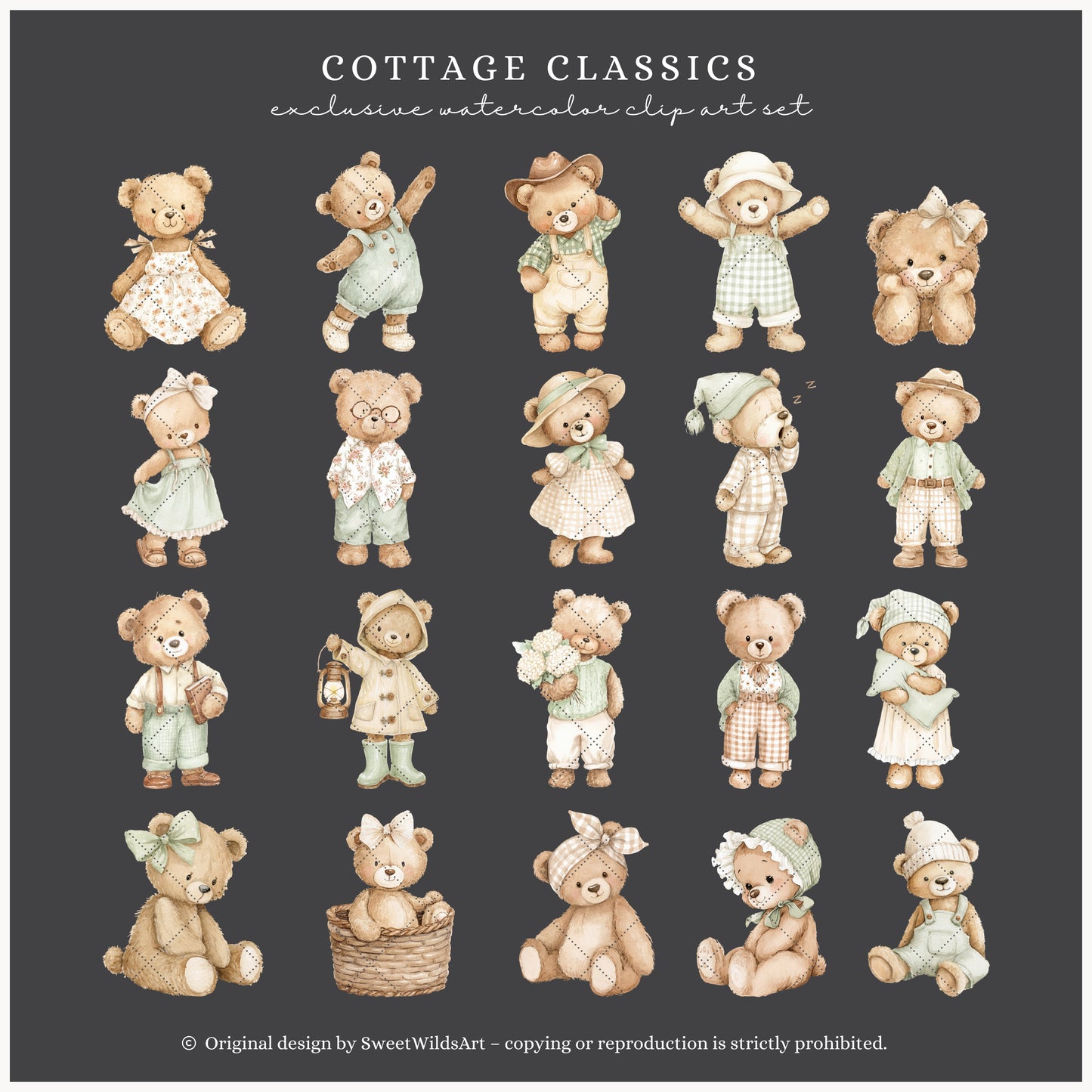 Cottage Classics - Teddy Bears Clipart, Kids Nursery, Vintage Toys, Grandmillennial | 60 PNG