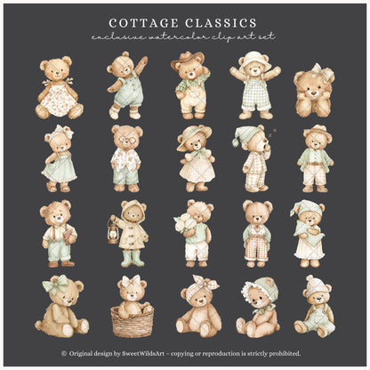 Cottage Classics - Teddy Bears Clipart, Kids Nursery, Vintage Toys, Grandmillennial | 60 PNG