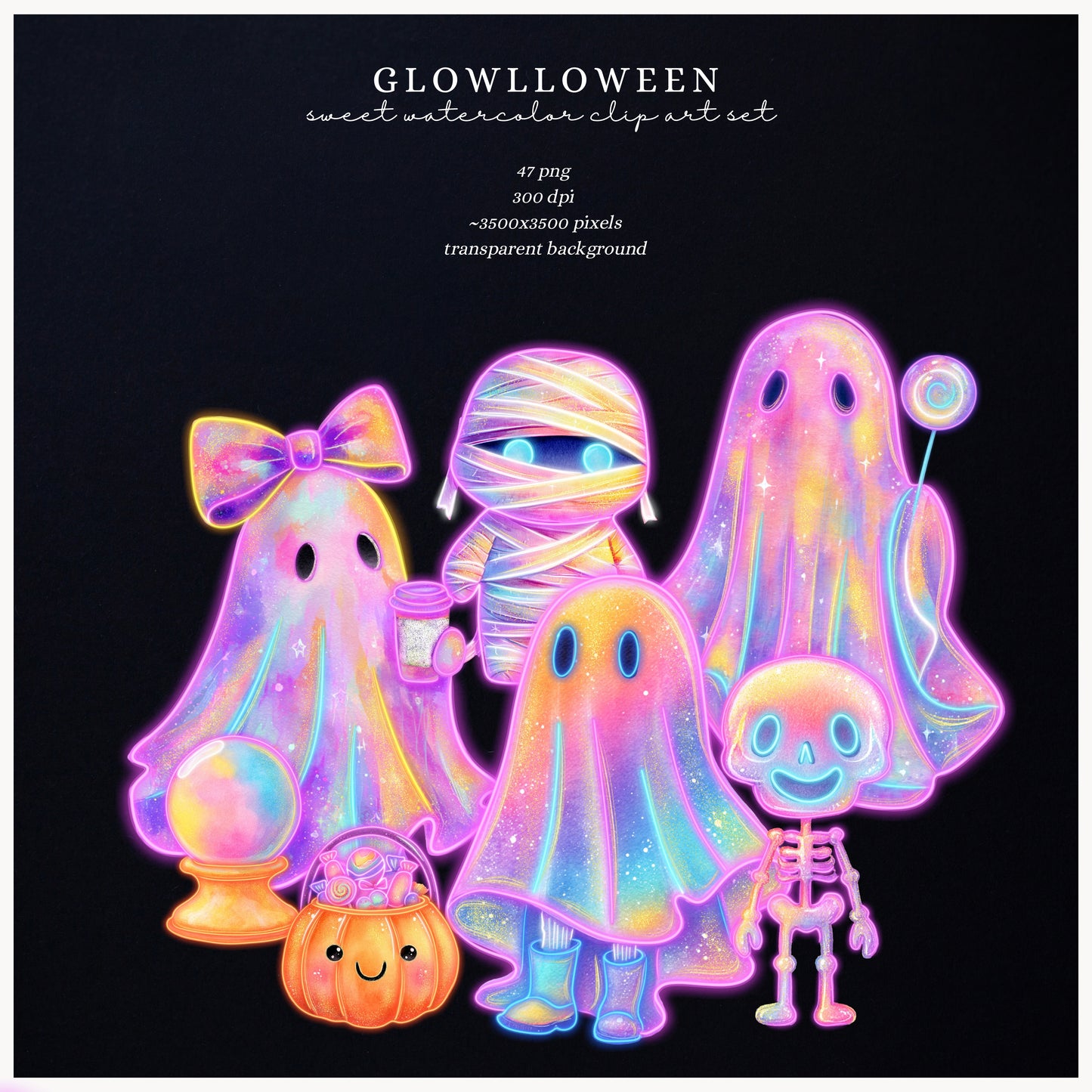 Glowlloween - Neon Halloween Clipart, Ghost, Cute Spooky, Pumpkins | 47 PNG