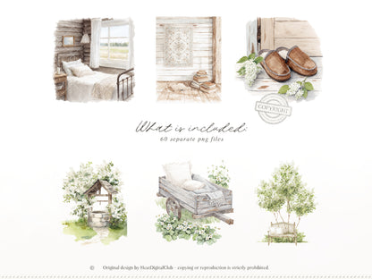 Country Spring - Clipart, Rustic Cottagecore, Strawberry Garden, French Farmhouse | 60 PNG