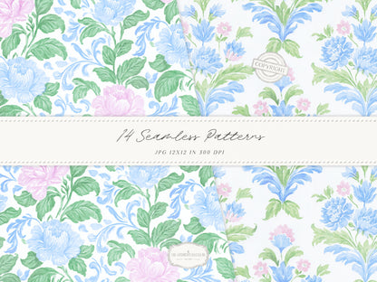Grandmillennial Set 5 - Seamless Patterns, Pastel Floral, Stripes, Plaid, Pink & Blue Digital Repeating Pattern | 14 JPEG