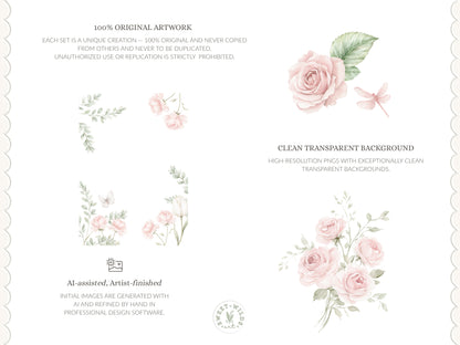 Sweet Coquettes - Floral Arrangements Clipart, Pink Roses Bouquet, Coquette Flowers, Baby Shower Florals | 24 PNG