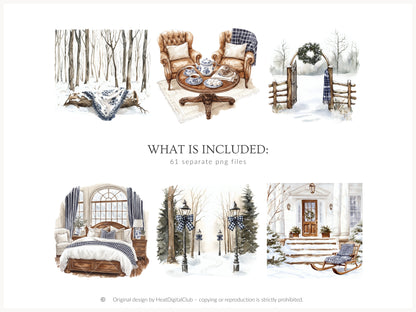 Winter Residence - Watercolor Clipart Sets, Elegant Cozy Christmas | 61 PNG