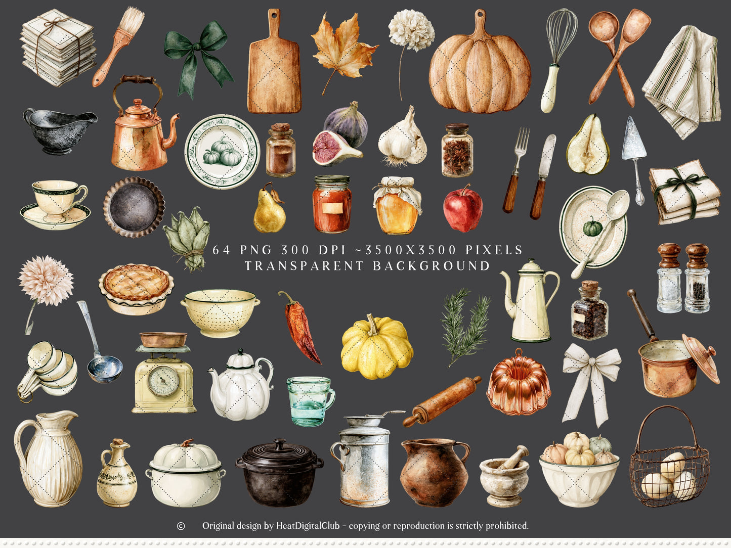 Vintage Kitchen - Clipart, Autumn Kitchen, Heirloom Fall, Cooking, Pear Pumpkin Garlic Herbs | 74 PNG/JPEG