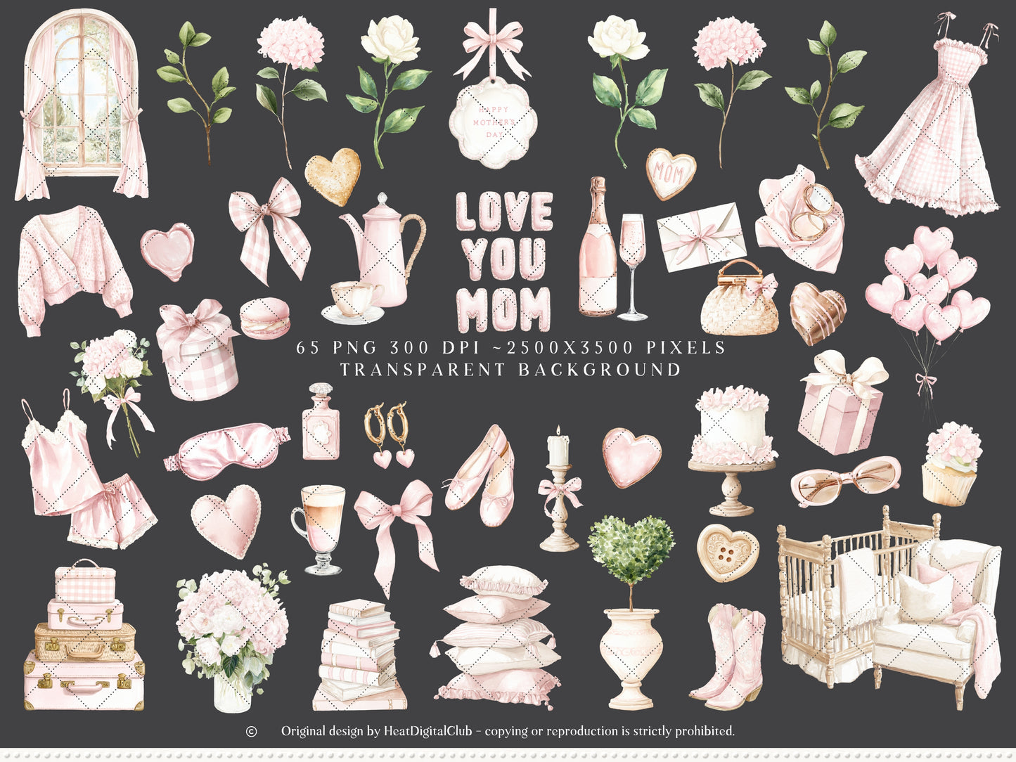 Mother's Day - Clipart, Mom & Baby, Animals, Soft Pink, Love you Mom, Feminine | 75 PNG/JPEG