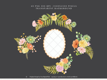Joyful Fall - Floral Arrangements Clipart, Pink Orange Autumn Flowers, Watercolor Botanical, Fall Bouquets | 40 PNG