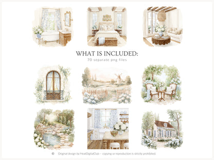 Quiet Cottage - Clipart, French Country Cottagecore, Rustic Vintage Aesthetic | 70 PNG