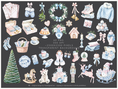 Pastel Noël - Christmas Clipart, Grandmillennial Winter, Pink & Blue Holiday | 60 PNG