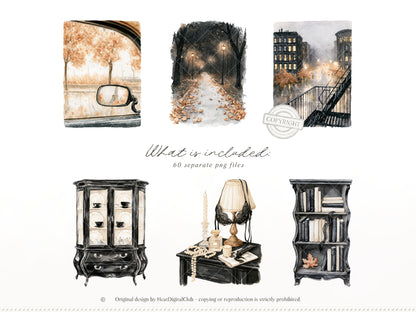 Fall After Dark - Clipart, Dark Coquette Autumn, Black Lace, Moody Rainy Autumn, Feminine Gothic | 40 PNG
