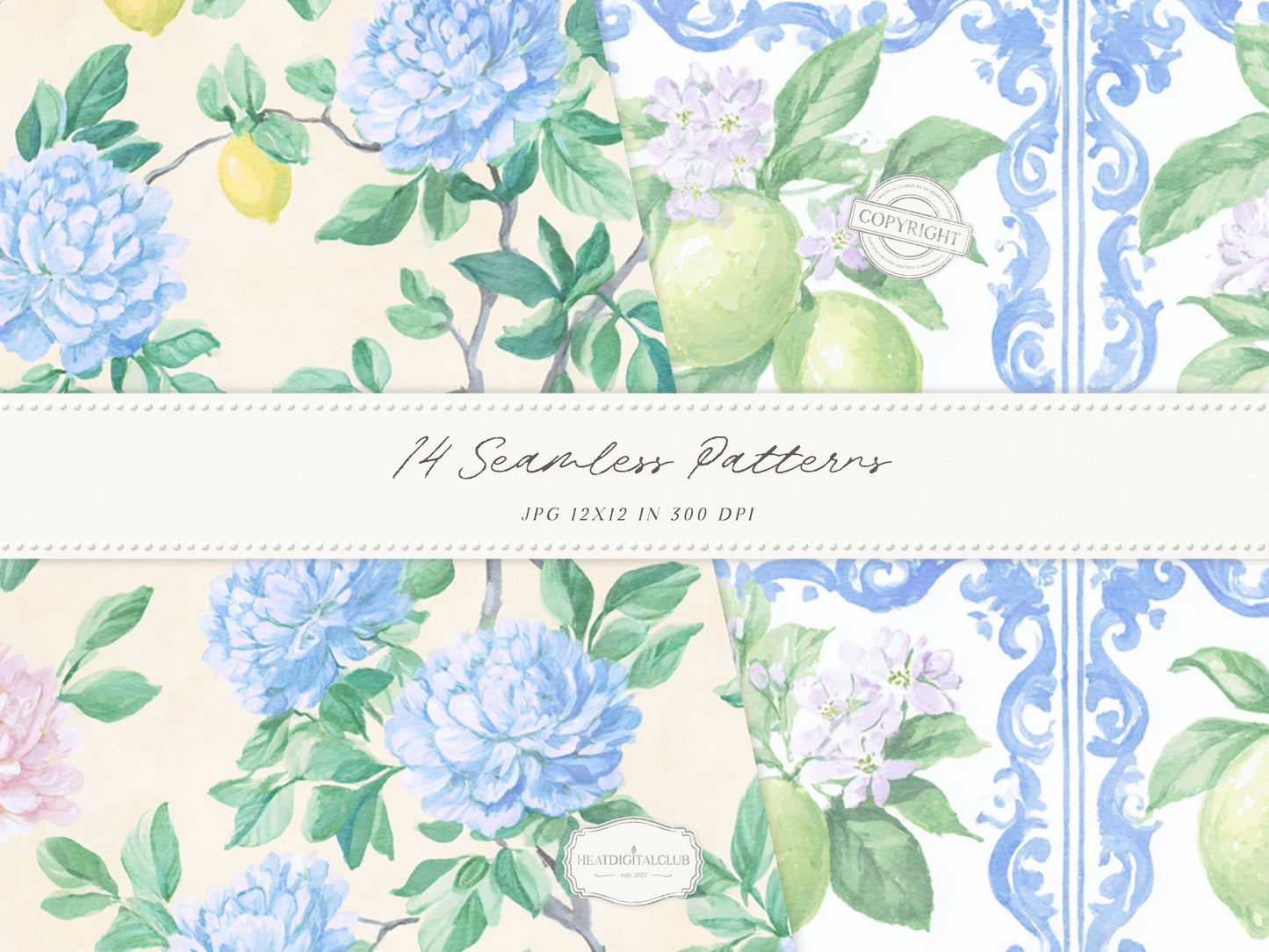 Grandmillennial Set 6 - Seamless Patterns, Italian Lemon Floral, Blue Yellow Tile, Plaid Digital Repeating Pattern | 14 JPEG