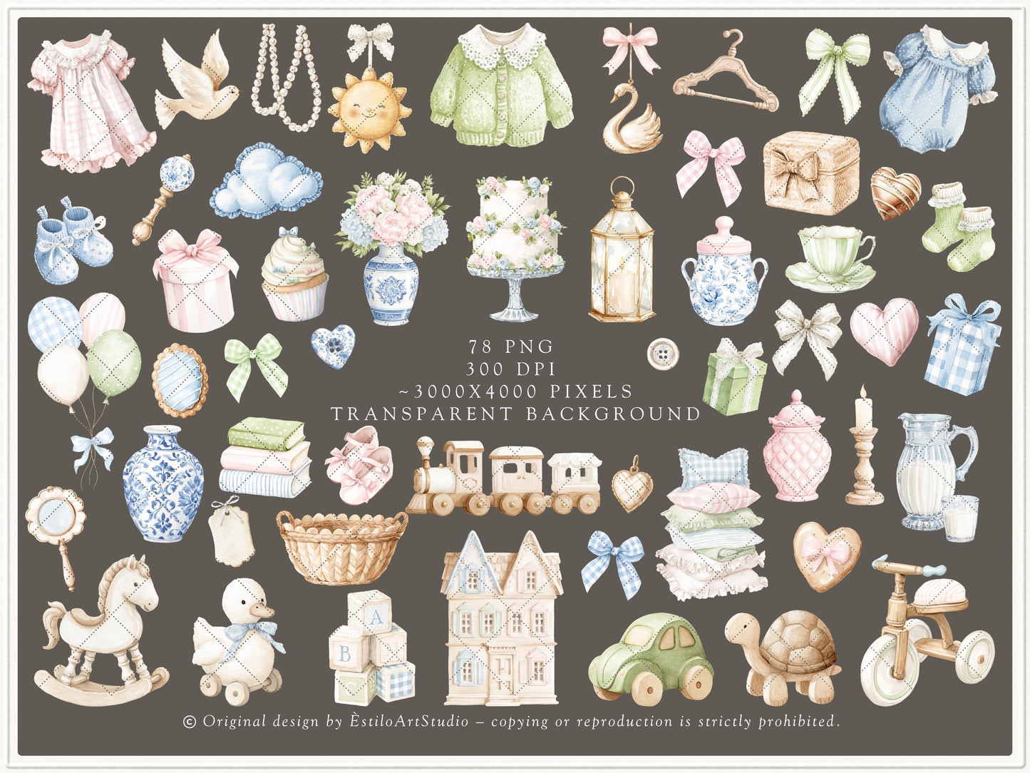 Grand Atelier - Baby Nursery Clipart, Vintage Toys, Teddy Bear, Bunny, Pastel Baby Shower, Grandmillennial | 78 PNG