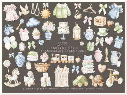 Grand Atelier - Baby Nursery Clipart, Vintage Toys, Teddy Bear, Bunny, Pastel Baby Shower, Grandmillennial | 78 PNG