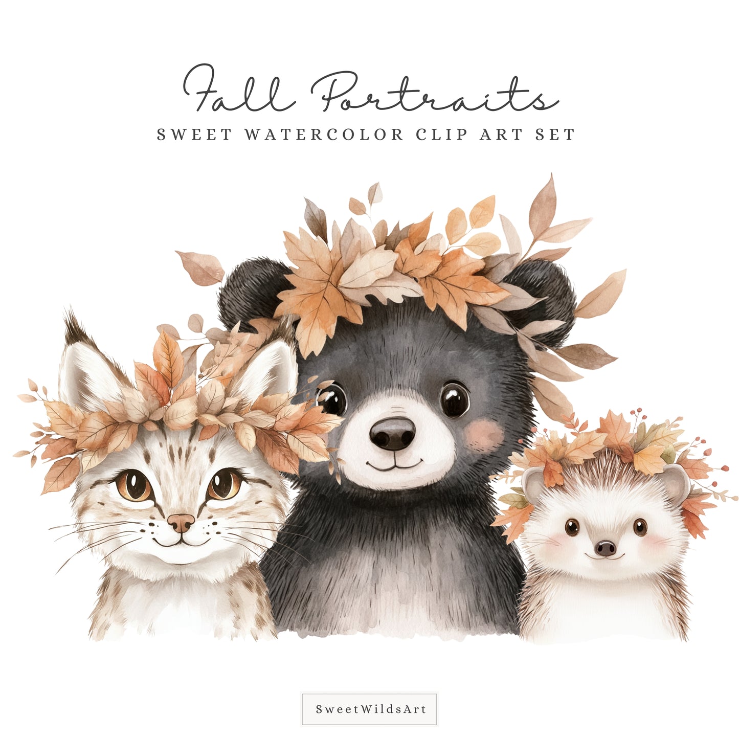 Fall Portraits - Cute Animals Clipart, Baby Shower, Autumn Nursery | 18 PNG