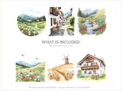 Alpine Summer -  Bavarian Cottage, Summer Clipart, Rustic Countryside | 60 PNG