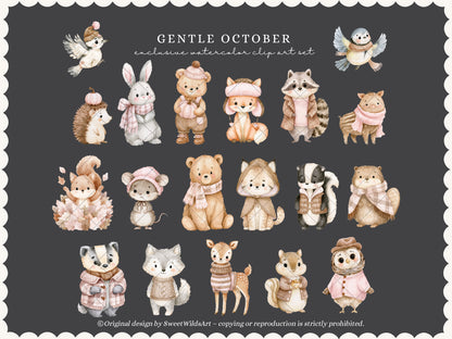 Gentle October - Watercolor Fall Animals Clipart Bundle, Kids Woodland PNG Collection | 60 PNG