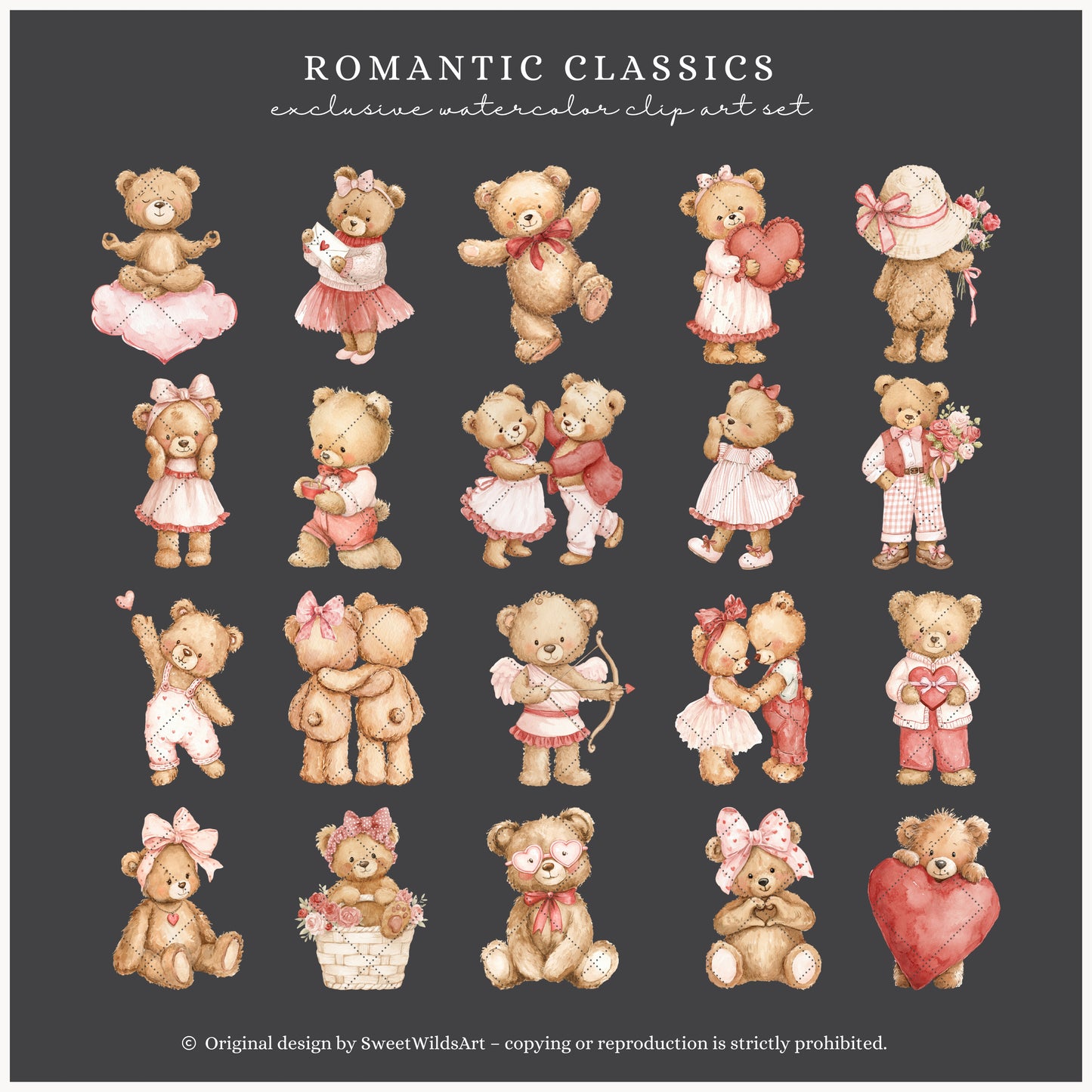 Romantic Classics - Teddy Bears Clipart, Valentine's Day, Love, Baby Shower, Nursery| 65 PNG