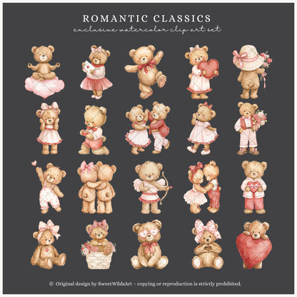 Romantic Classics - Teddy Bears Clipart, Valentine's Day, Love, Baby Shower, Nursery| 65 PNG