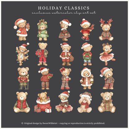 Holiday Classics - Christmas Teddy Bears Clipart, Cute Festive Nursery Animals | 70 PNG