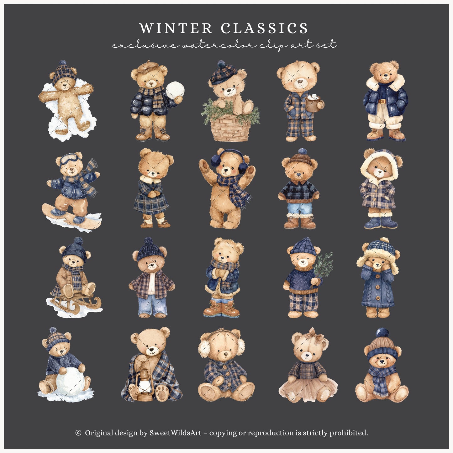 Winter Classics - Teddy Bears Clipart, Tartan Holiday, Cute, Festive Nursery Animals | 60 PNG