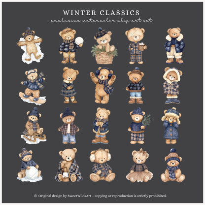 Winter Classics - Teddy Bears Clipart, Tartan Holiday, Cute, Festive Nursery Animals | 60 PNG