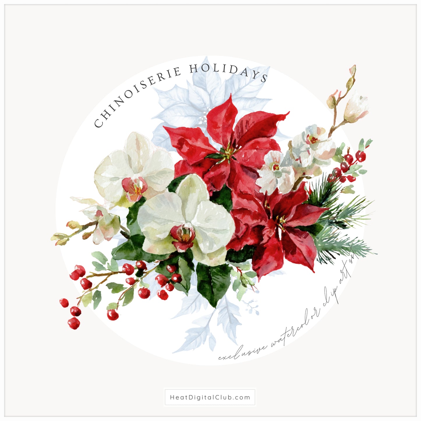 Chinoiserie Holidays - Floral Arrangements Clipart, Poinsettia, Holiday Bouquets | 20 PNG