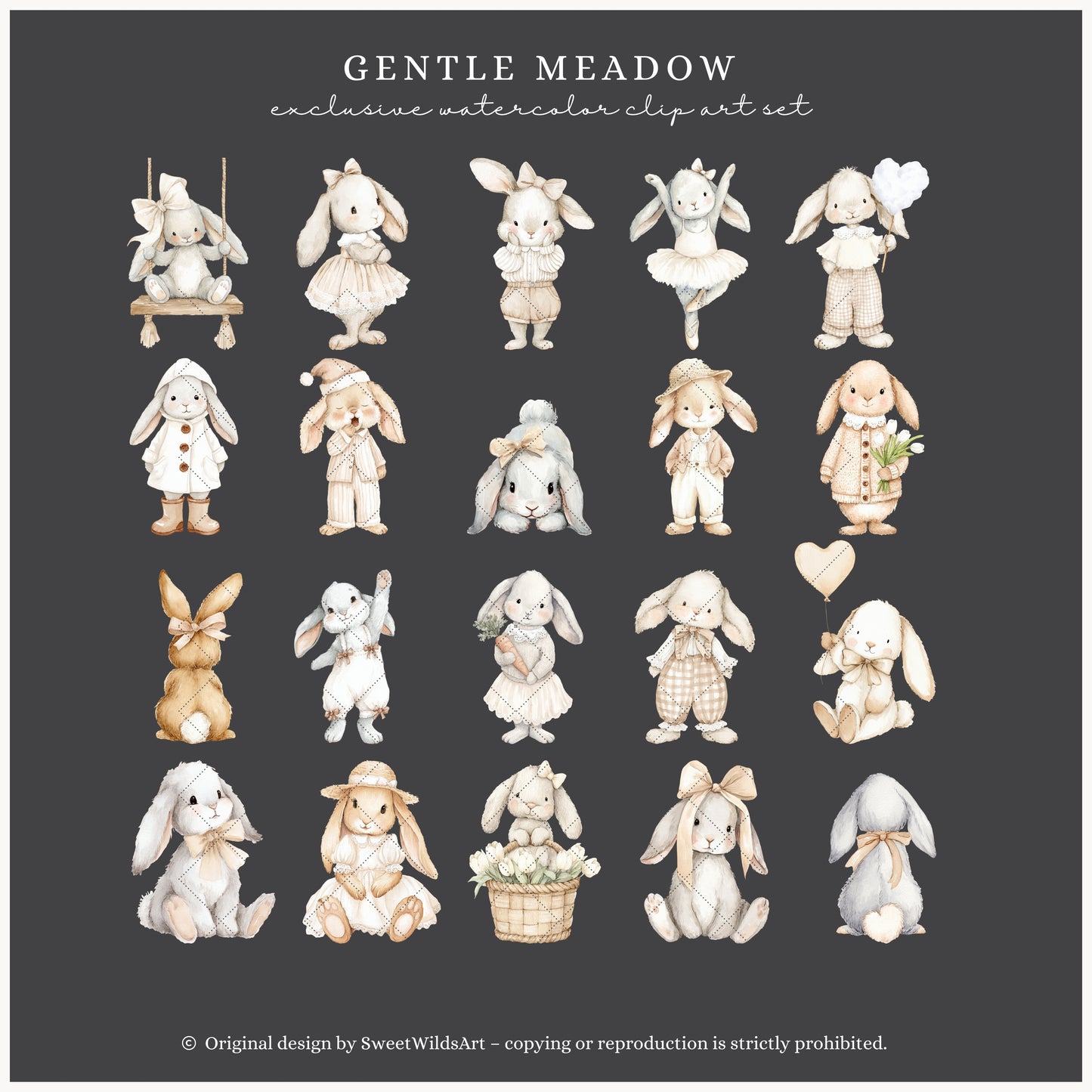 Gentle Meadow - Bunny Clipart, Cute Easter Rabbits, Neutral Cottagecore, Baby Shower, Nursery | 65 PNG