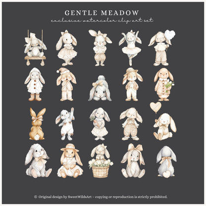 Gentle Meadow - Bunny Clipart, Cute Easter Rabbits, Neutral Cottagecore, Baby Shower, Nursery | 65 PNG
