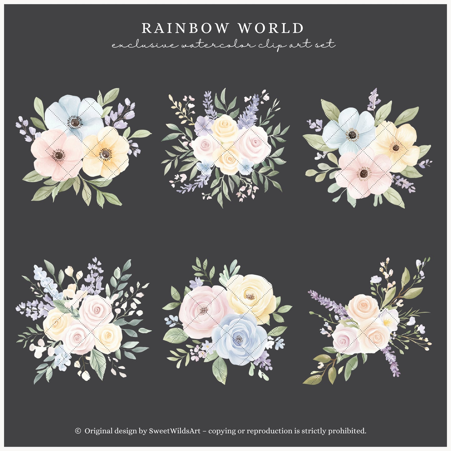 Rainbow World - Floral Arrangements, Pastel Watercolor Flowers  | 12 PNG