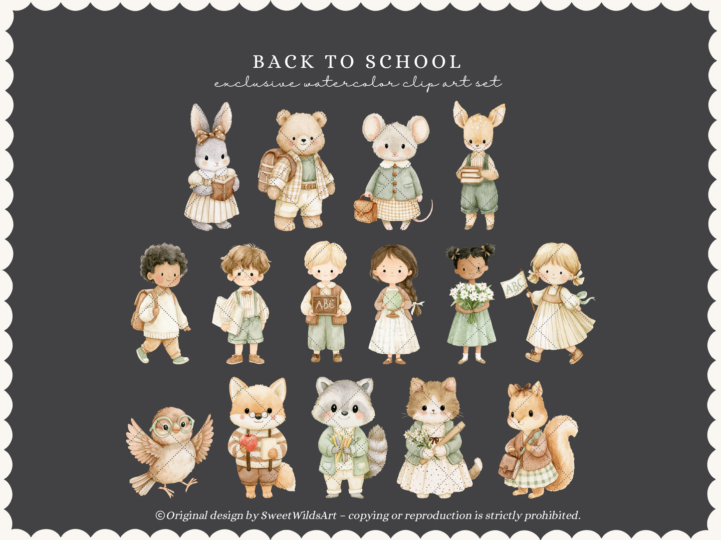Back To School - Watercolor Clipart Bundle, School Animals, Preschool Toddlers Learning | 60 PNG