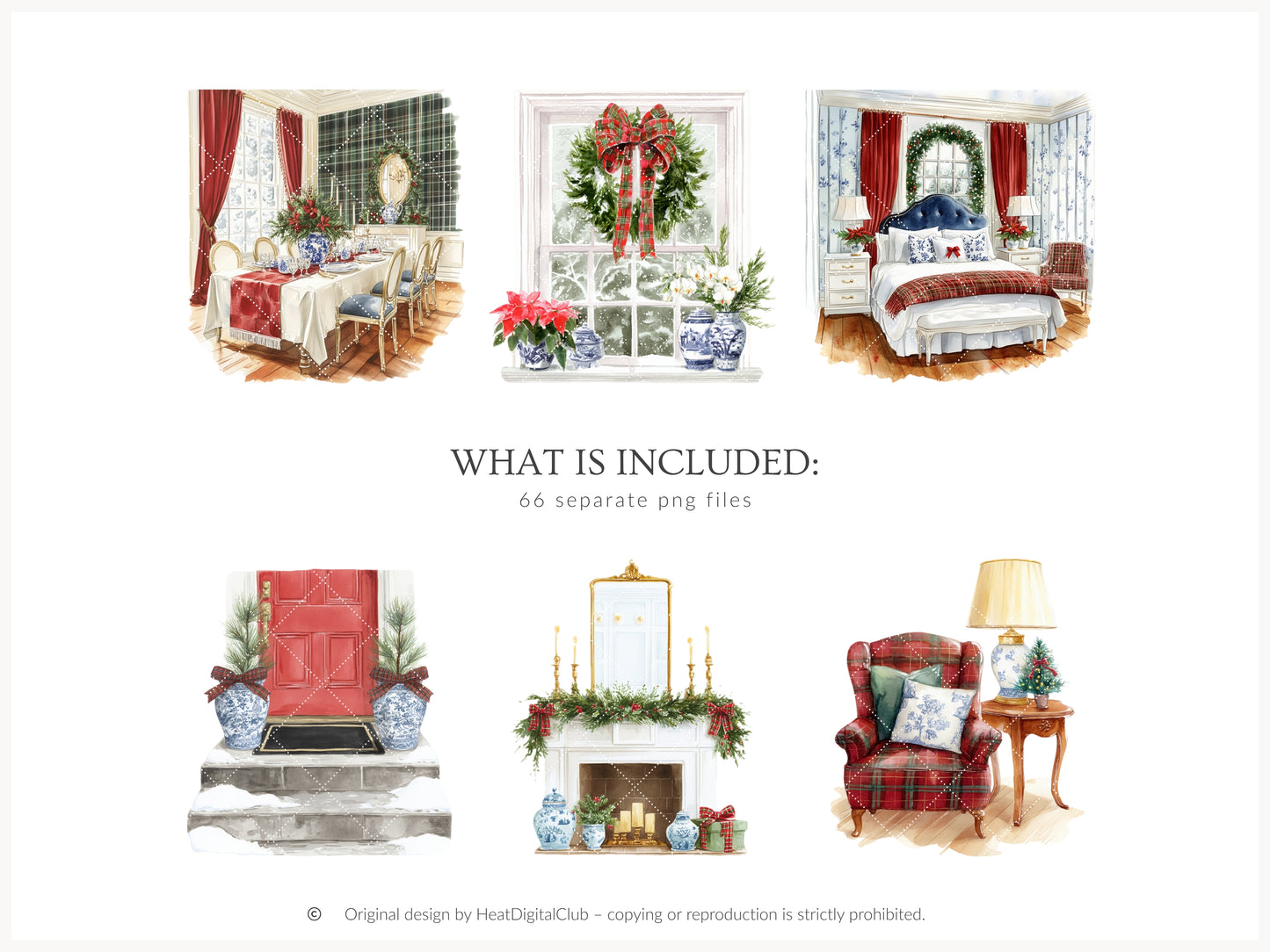 Chinoiserie Holidays - Clipart Set, Christmas, Tartan, Elegant Grandmillennial Winter | 66 PNG
