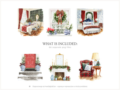 Chinoiserie Holidays - Clipart Set, Christmas, Tartan, Elegant Grandmillennial Winter | 66 PNG