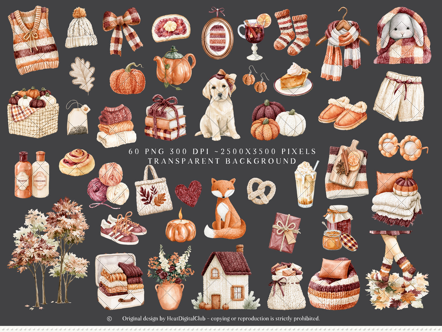 Knitted Fall - Clipart, Cozy Autumn Clipart, Pumpkin Aesthetic, Fall Cottagecore | 60 PNG