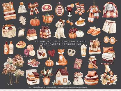 Knitted Fall - Clipart, Cozy Autumn Clipart, Pumpkin Aesthetic, Fall Cottagecore | 60 PNG