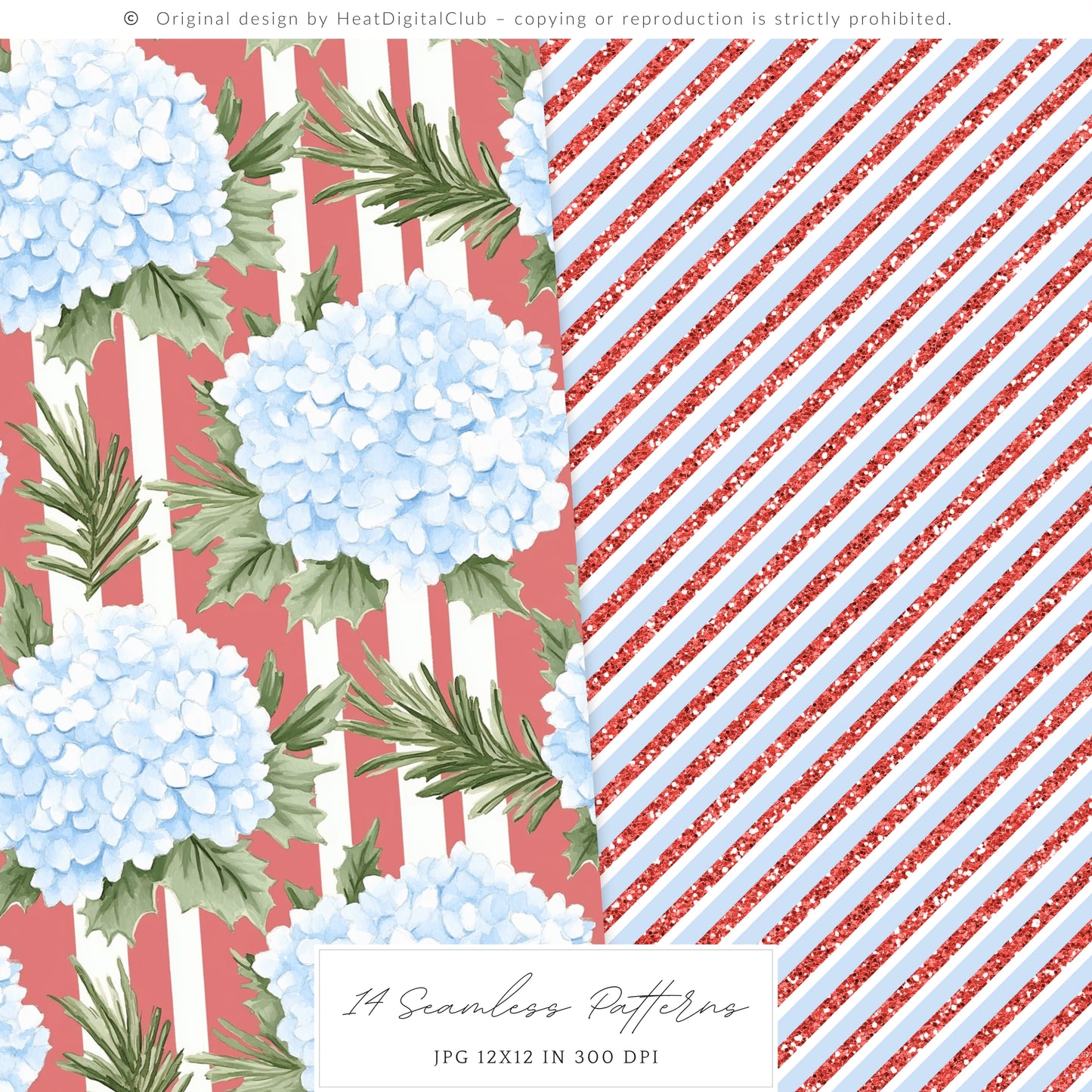 Merry Christmas - Seamless Patterns Set 2, Grandmillennial Holiday, Stripes, Plaid | 14 JPEG