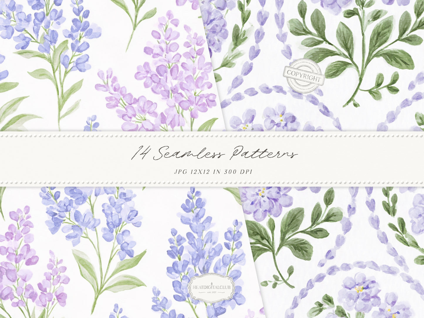 Grandmillennial Set 7 - Seamless Patterns, Lavender Floral, Purple Stripe, Plaid, Elegant Botanical Patterns | 14 JPEG
