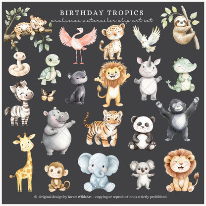 Birthday Tropics - Jungle Clipart, Baby Animals, Tropical, Safari Nursery | 75 PNG