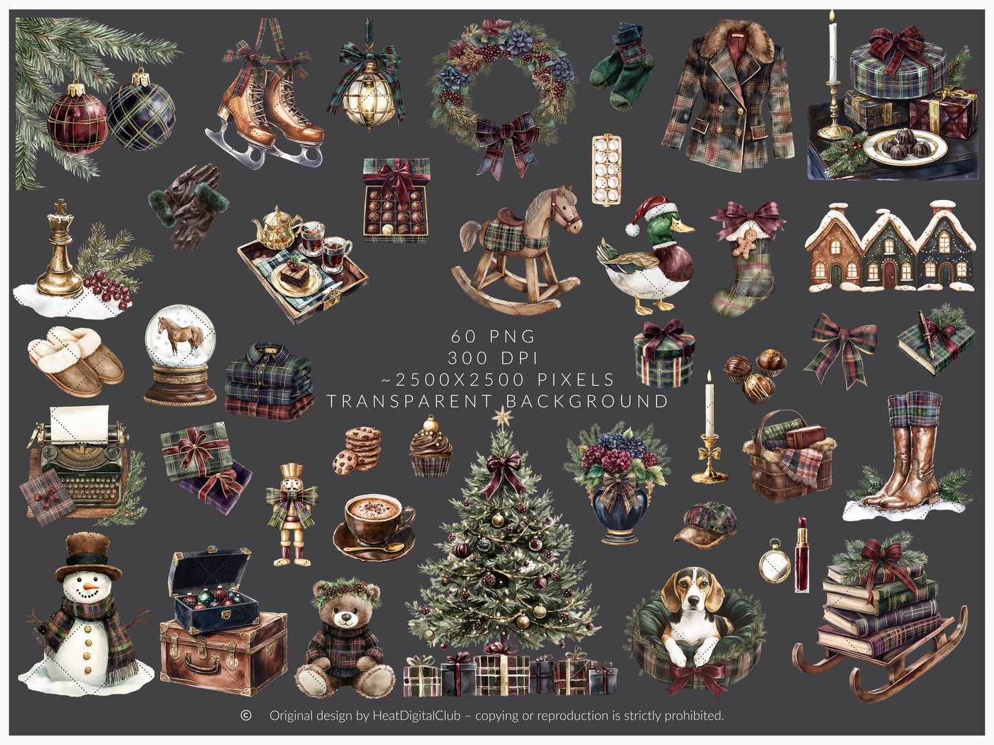 Winter Elegance - Watercolor Clipart, Aristocratic Christmas, Tartan Holiday | 60 PNG