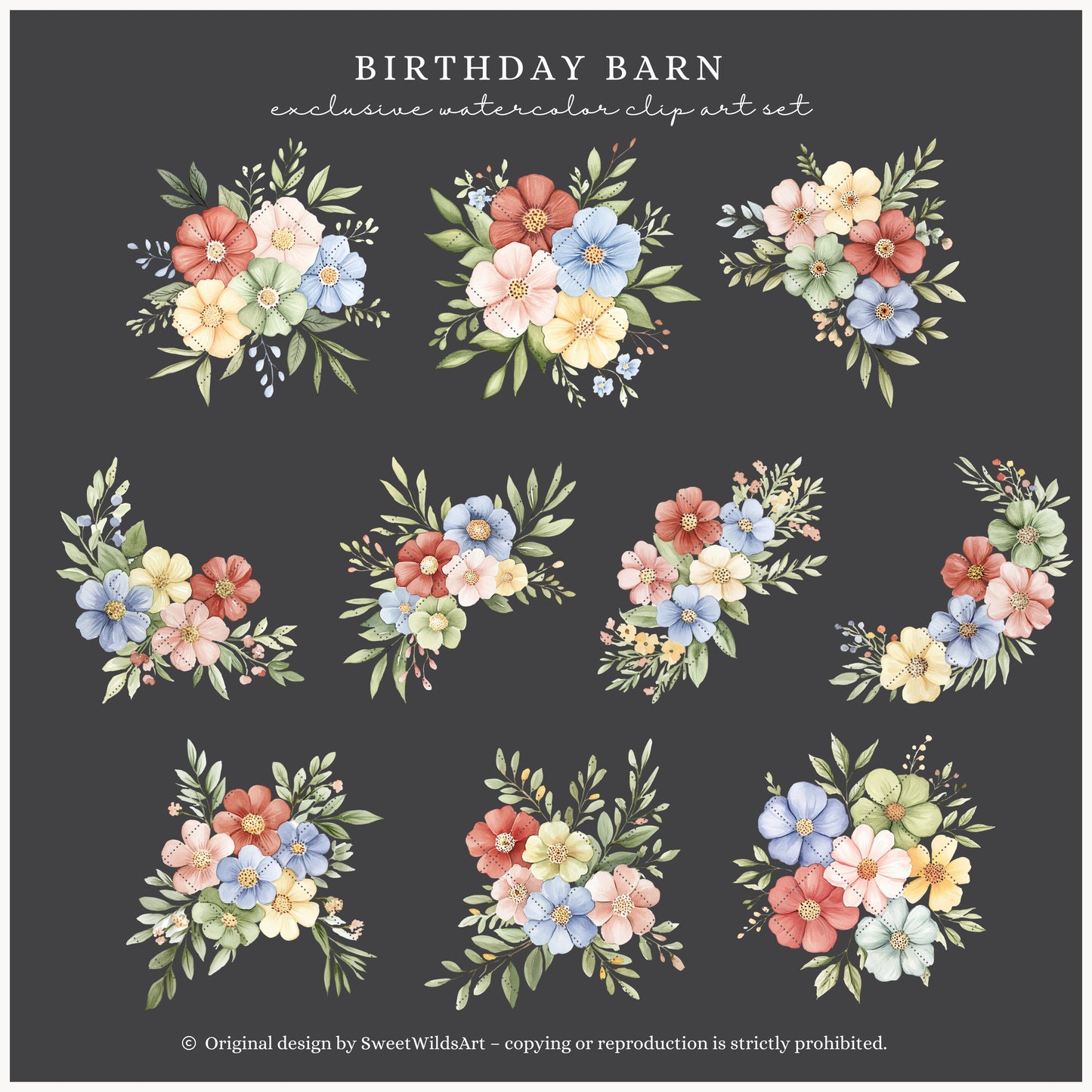 Birthday Barn - Floral Arrangements, Watercolor Flowers, Baby Shower Greenery | 22 PNG